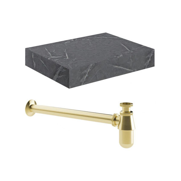 Picture of <3 Mondo 600mm Wall Hung Grey Marble Basin Shelf & Brushed Brass Bottle Trap