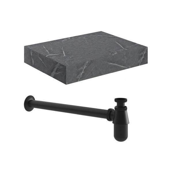 Picture of <3 Mondo 600mm Wall Hung Grey Marble Basin Shelf & Black Bottle Trap