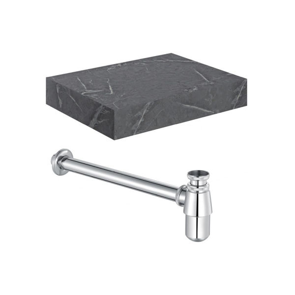 Picture of <3 Mondo 600mm Wall Hung Grey Marble Basin Shelf & Chrome Bottle Trap