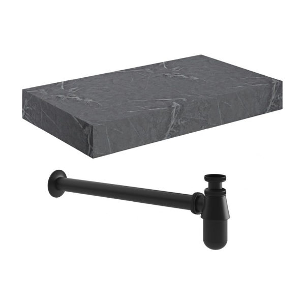 Picture of <3 Mondo 800mm Wall Hung Grey Marble Basin Shelf & Black Bottle Trap