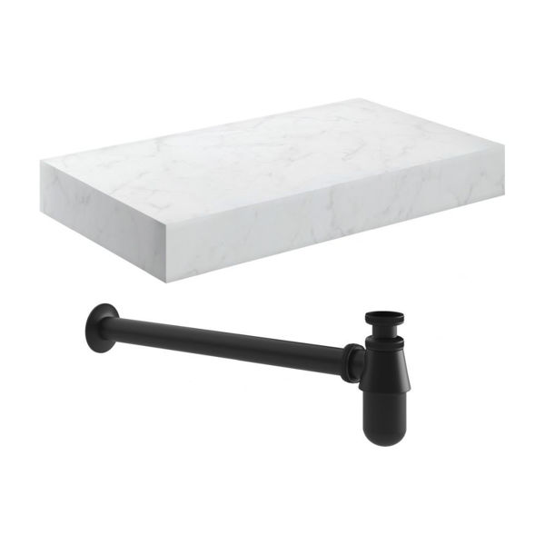 Picture of <3 Mondo 800mm Wall Hung White Marble Basin Shelf & Black Bottle Trap